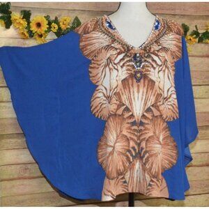 Chico's Blue Brown Palm Print Kaftan Batwing Blouse Top Size L XL Embellished